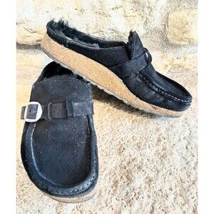 BIRKENSTOCK Buckley Black Suede Shearling Lining Buckle Shoes Mules Clogs 39/8.5